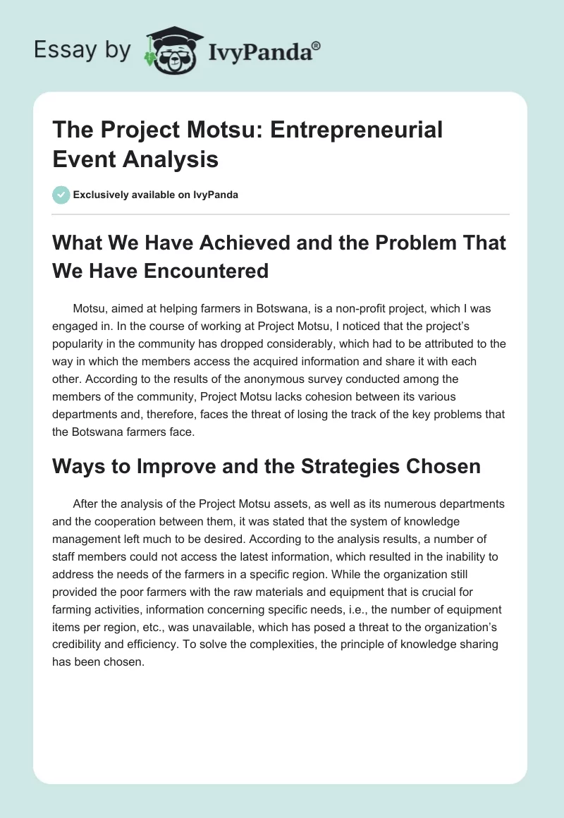 The Project Motsu: Entrepreneurial Event Analysis. Page 1