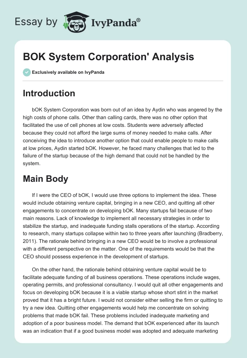 BOK System Corporation' Analysis. Page 1