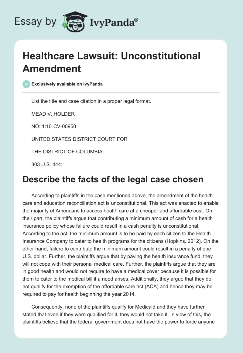 Healthcare Lawsuit: Unconstitutional Amendment. Page 1