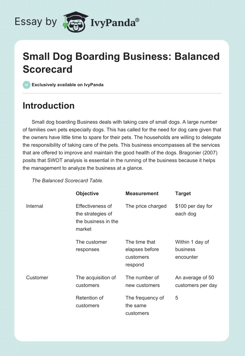 Small Dog Boarding Business: Balanced Scorecard. Page 1