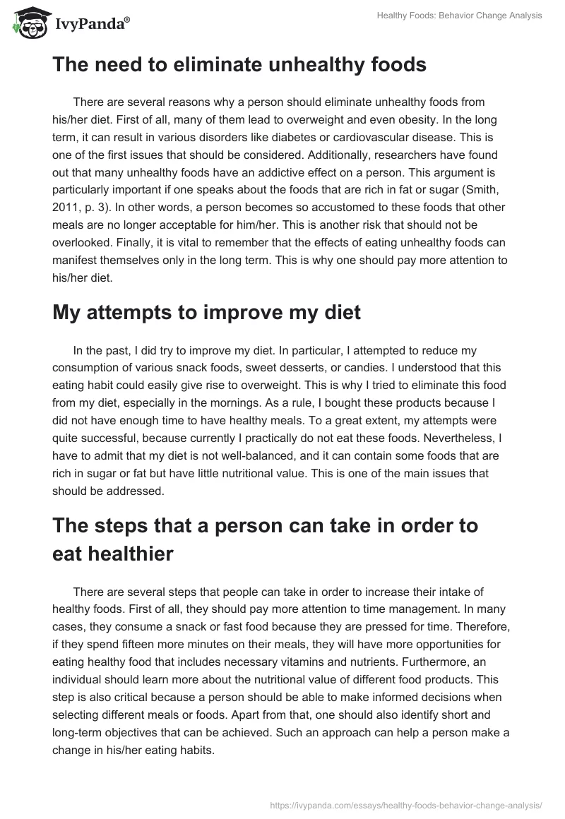 Healthy Foods: Behavior Change Analysis - 1141 Words | Report Example