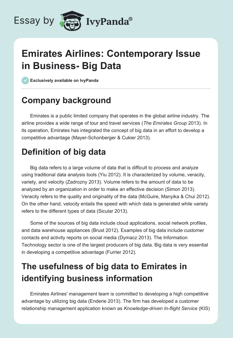 Emirates Airlines: Contemporary Issue in Business- Big Data. Page 1