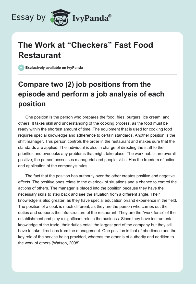 The Work at “Checkers” Fast Food Restaurant. Page 1
