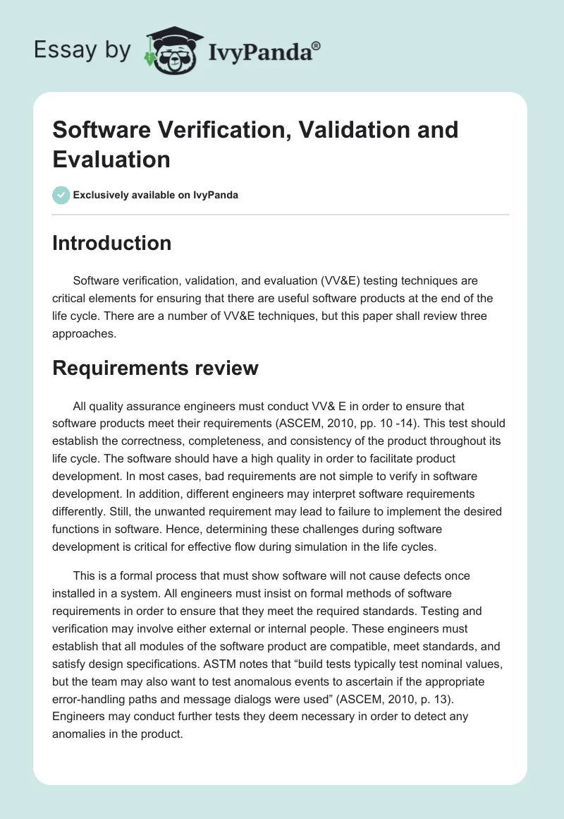 Software Verification, Validation and Evaluation. Page 1