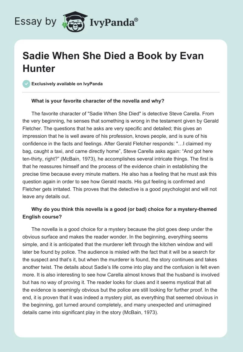 "Sadie When She Died" a Book by Evan Hunter. Page 1