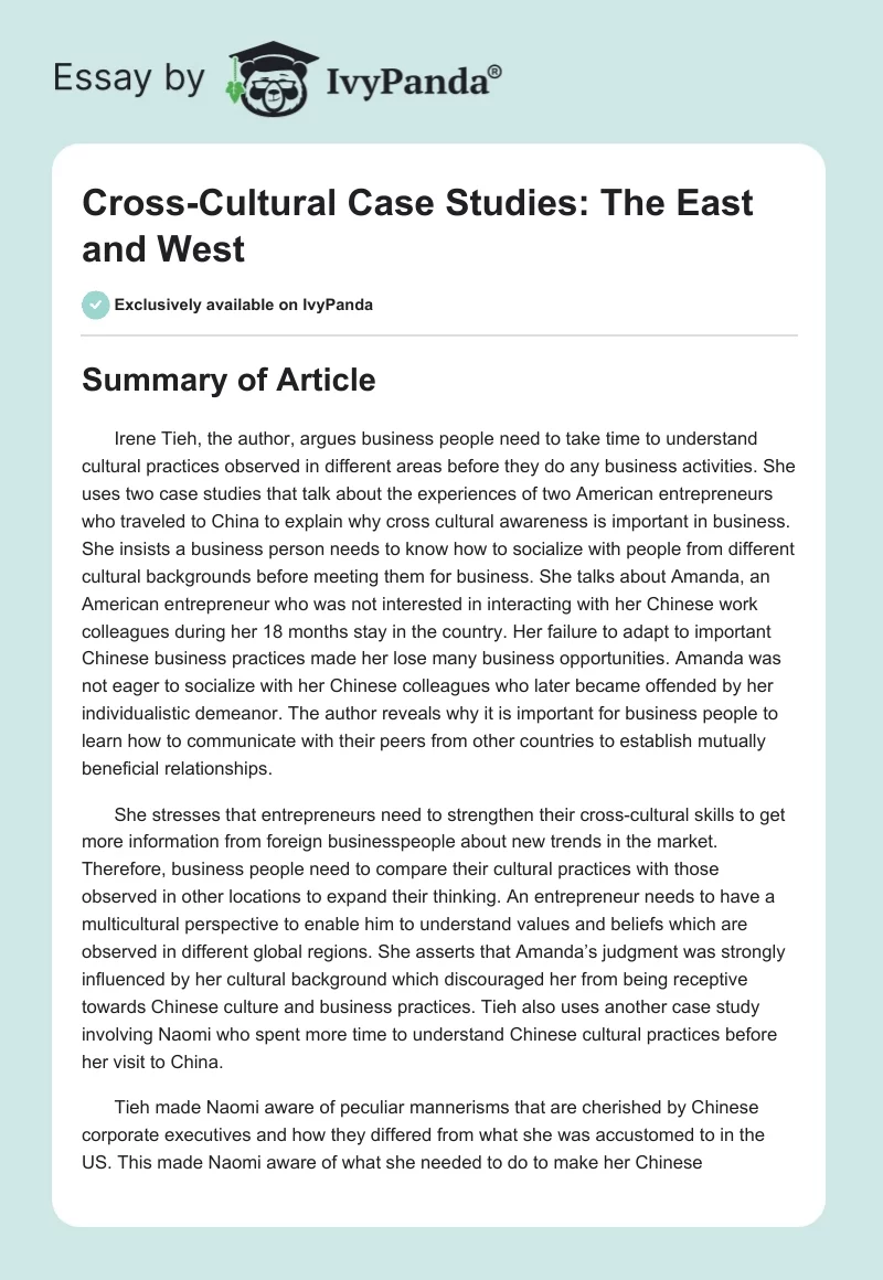 Cross-Cultural Case Studies: The East and West. Page 1