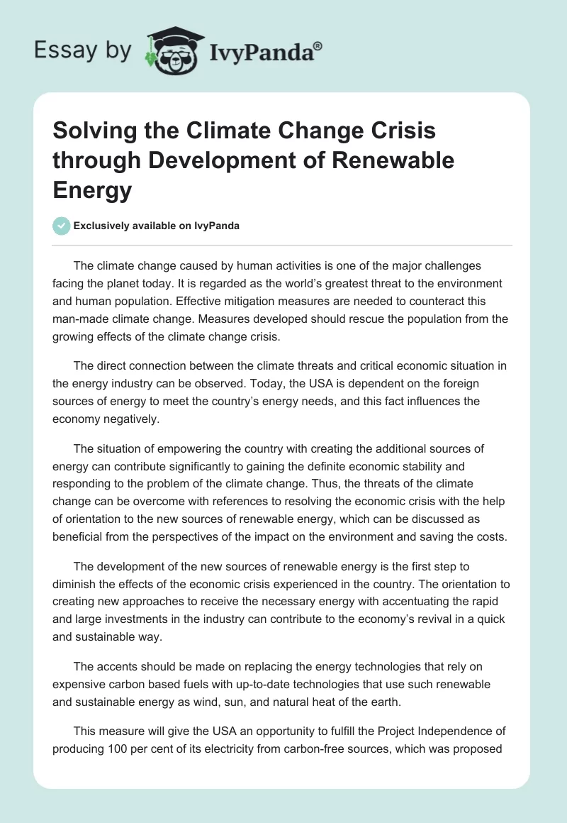 Solving the Climate Change Crisis Through Development of Renewable Energy. Page 1