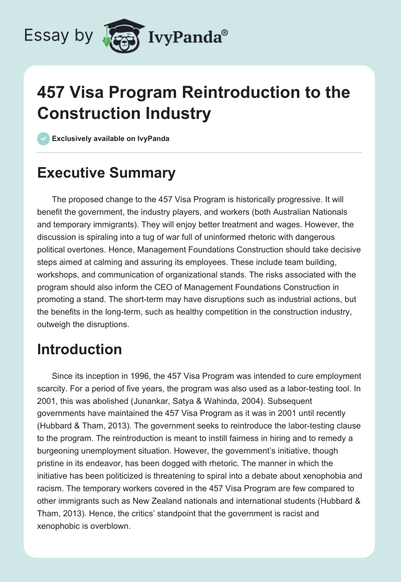 457 Visa Program Reintroduction to the Construction Industry. Page 1