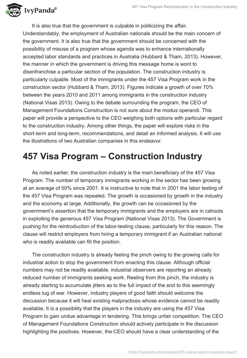 457 Visa Program Reintroduction to the Construction Industry. Page 2