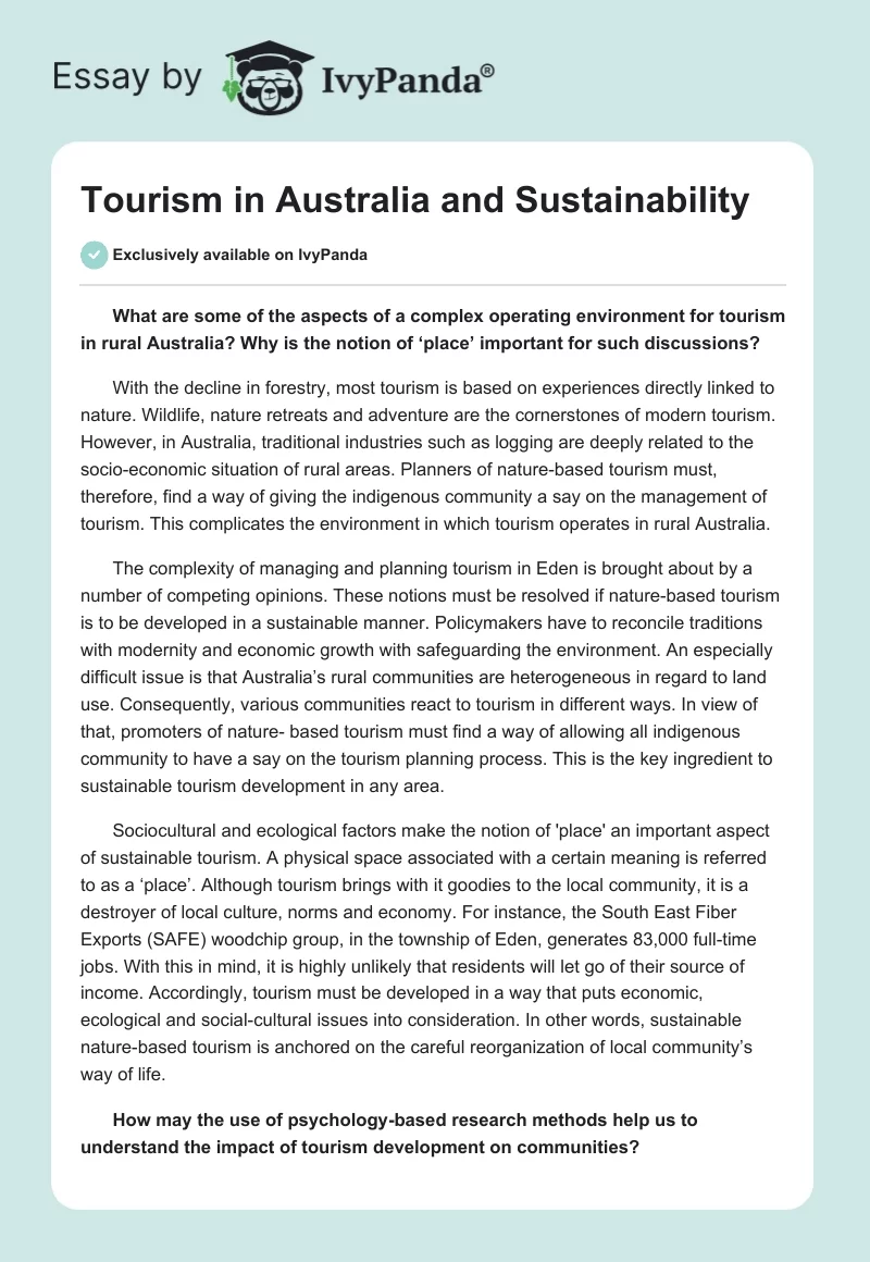 Tourism in Australia and Sustainability. Page 1