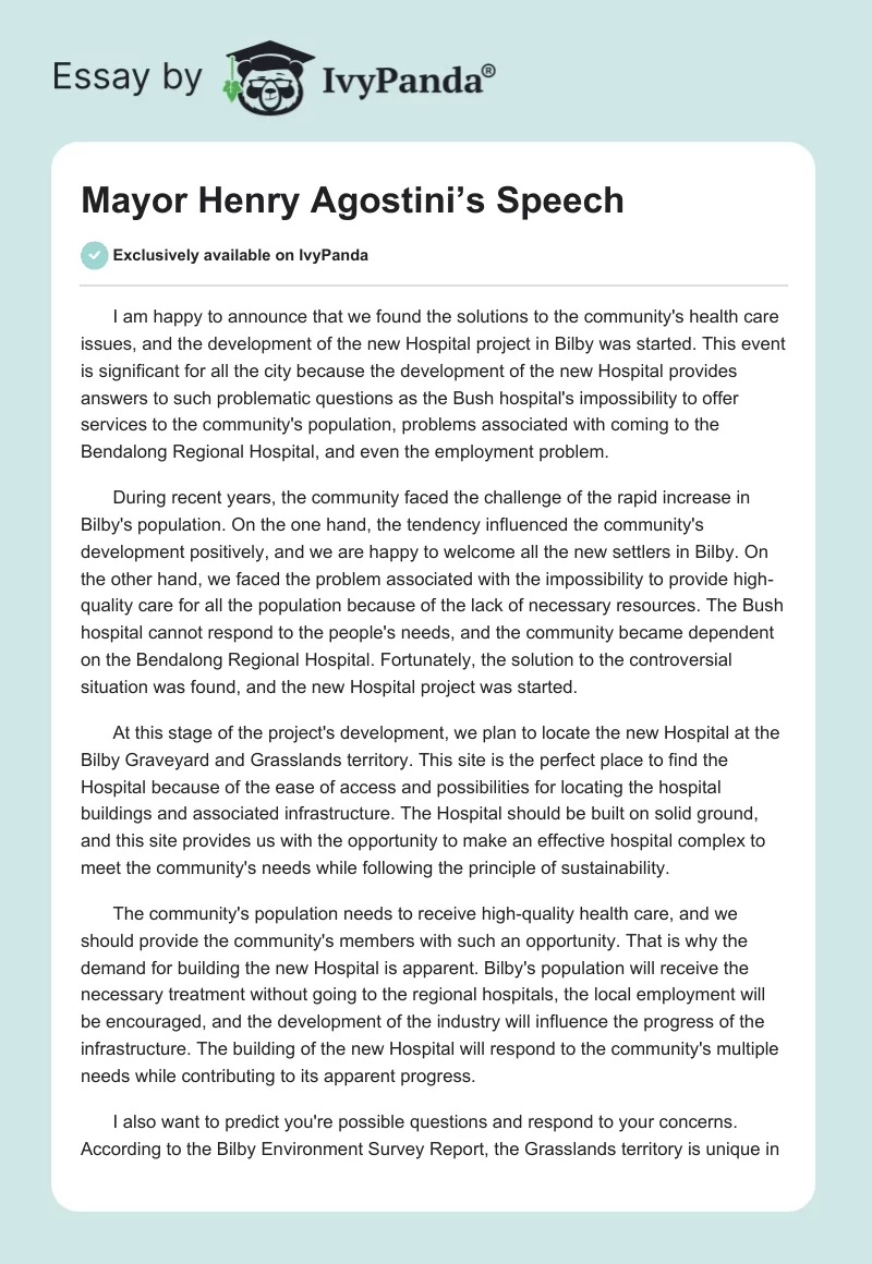 Mayor Henry Agostini’s Speech. Page 1