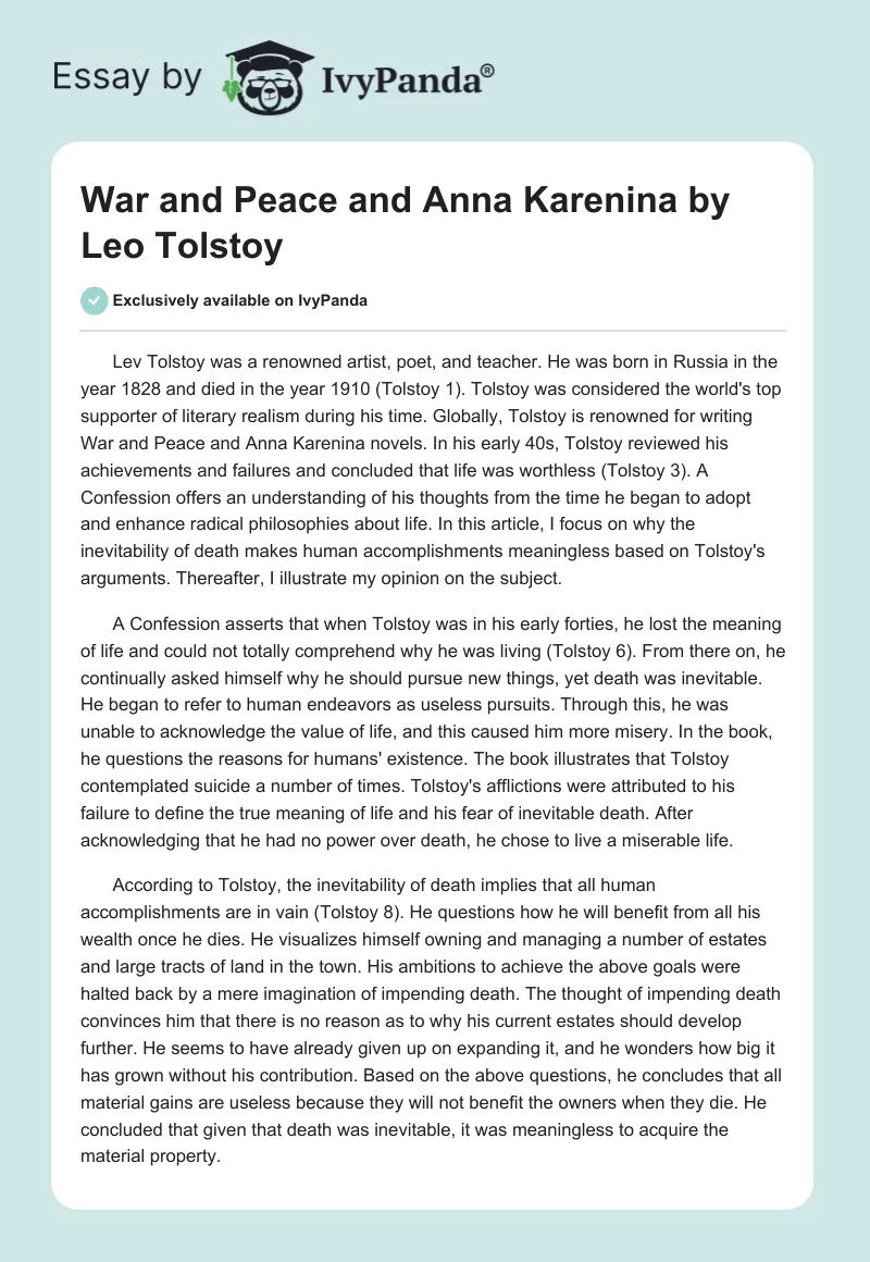 War and Peace and Anna Karenina by Leo Tolstoy. Page 1