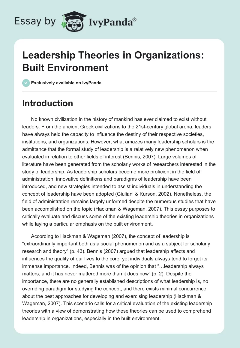 Leadership Theories in Organizations: Built Environment. Page 1