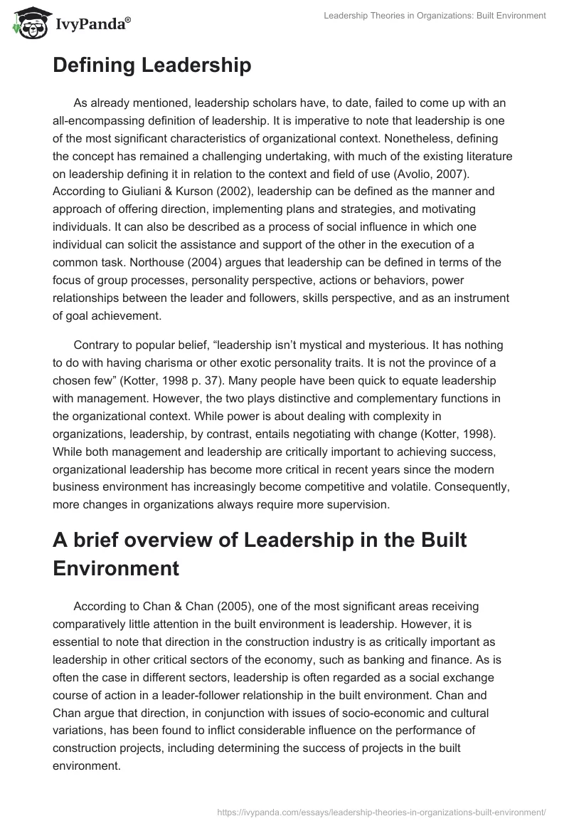 Leadership Theories in Organizations: Built Environment. Page 2