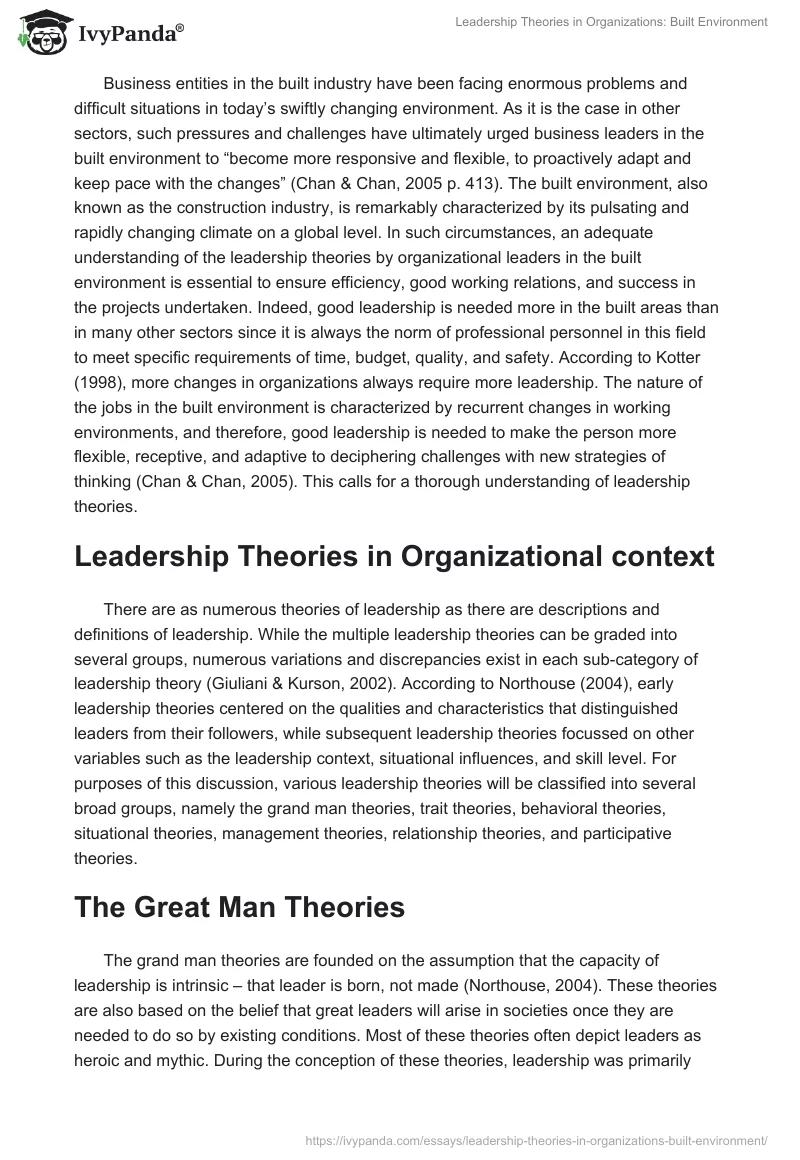 Leadership Theories in Organizations: Built Environment. Page 3