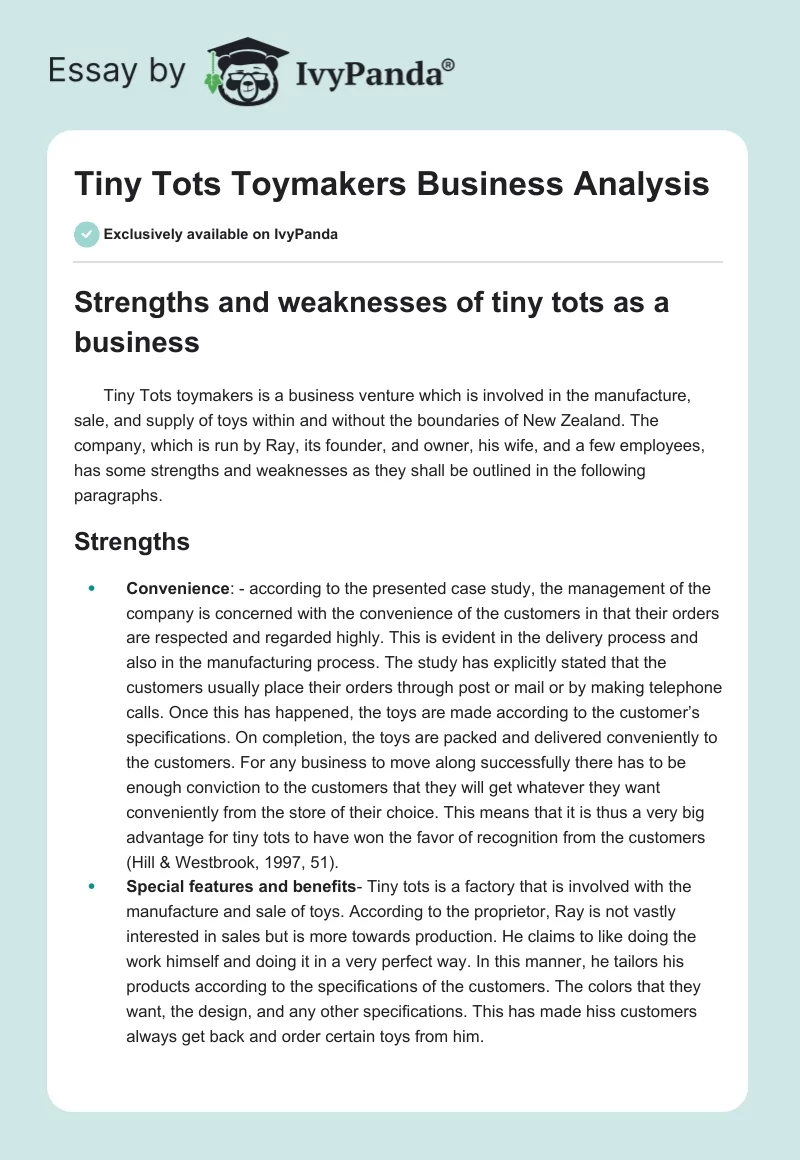 Tiny Tots Toymakers Business Analysis. Page 1