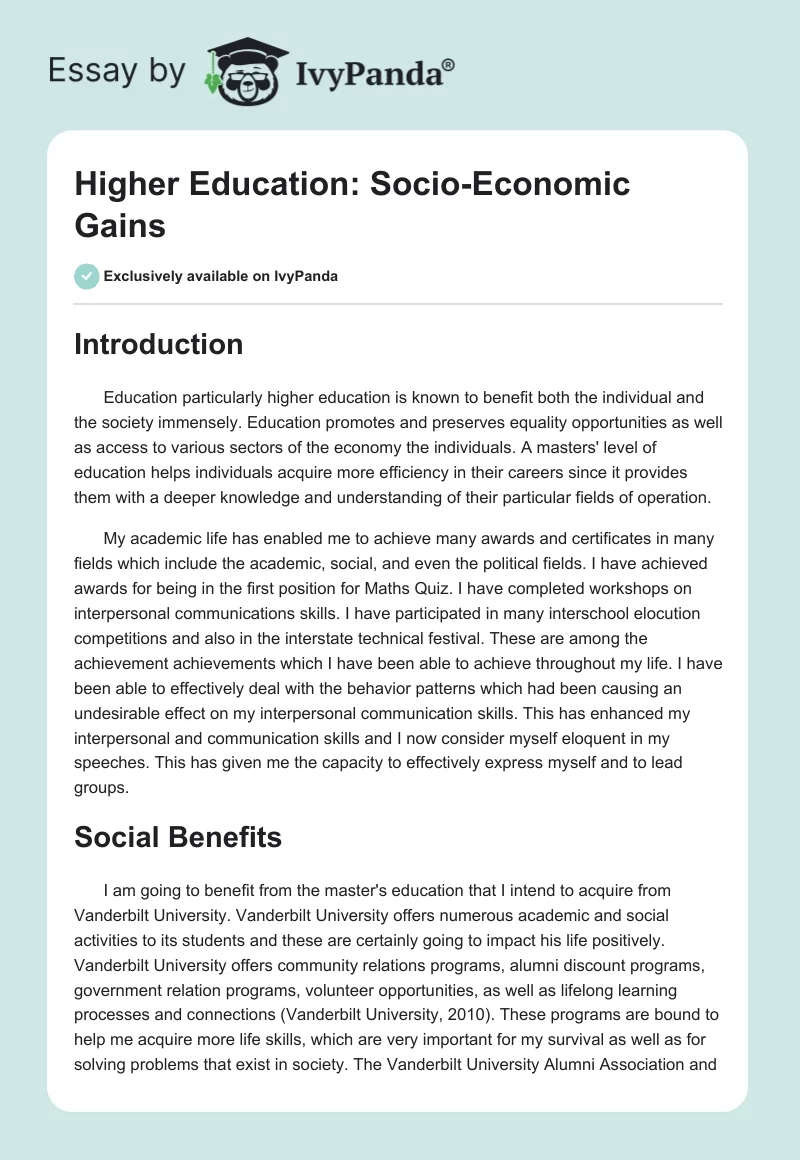 Higher Education: Socio-Economic Gains. Page 1