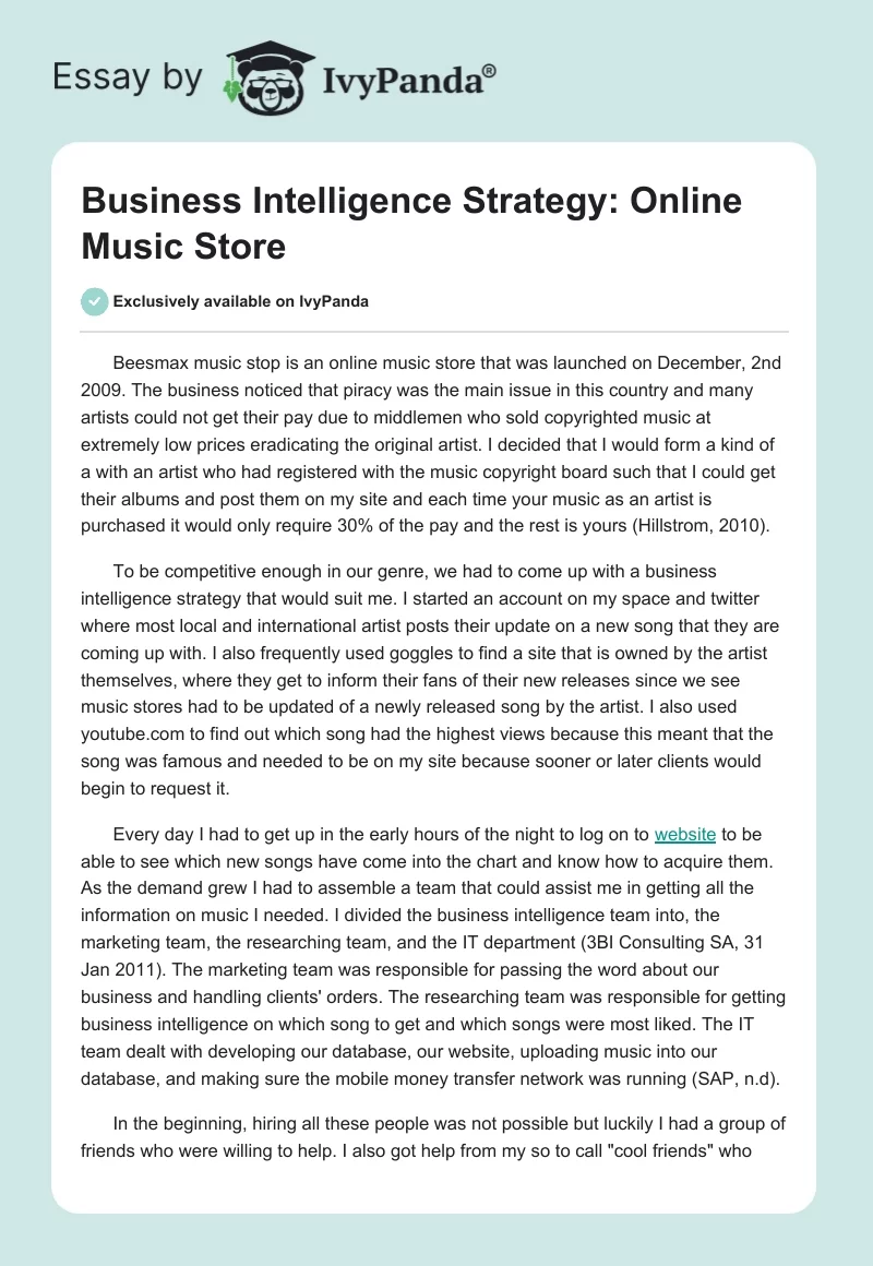 Business Intelligence Strategy: Online Music Store. Page 1