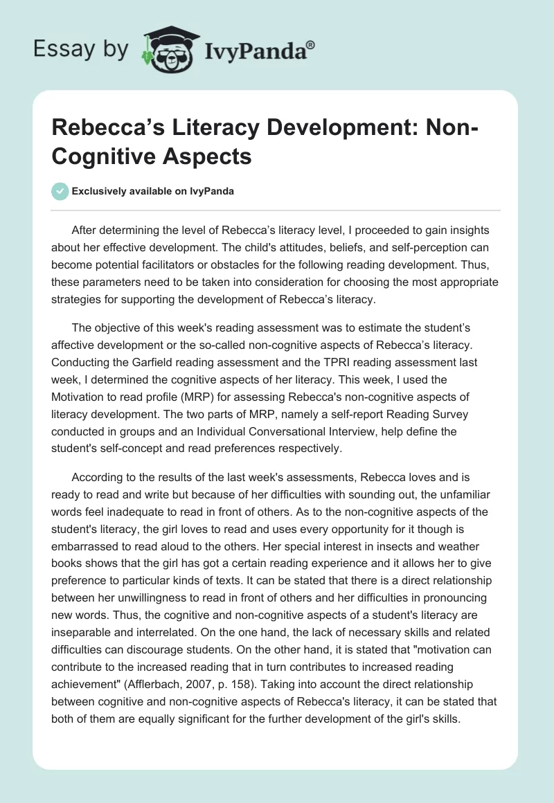 Rebecca’s Literacy Development: Non-Cognitive Aspects. Page 1