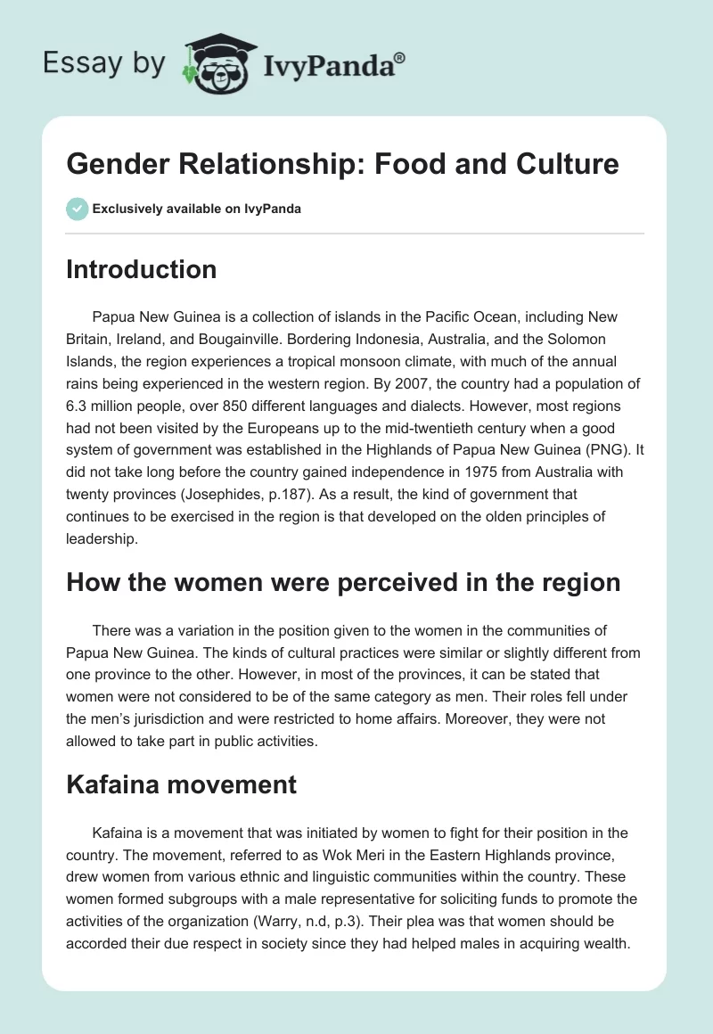 Gender Relationship: Food and Culture. Page 1