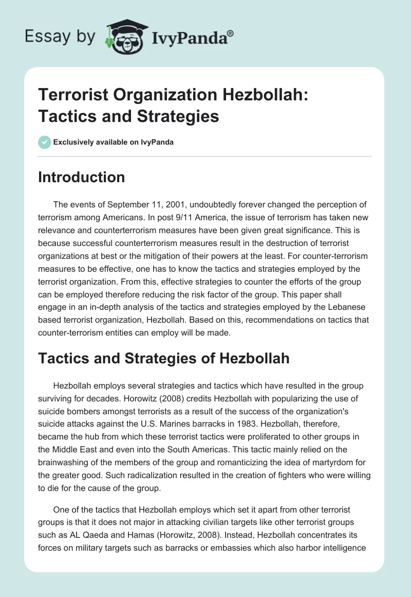 Terrorist Organization Hezbollah: Tactics and Strategies. Page 1