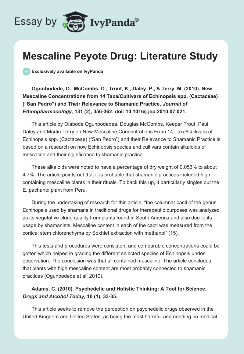 Mescaline Peyote Drug: Literature Study. Page 1