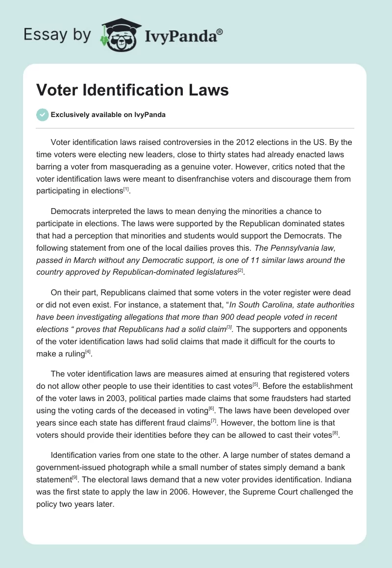Voter Identification Laws. Page 1