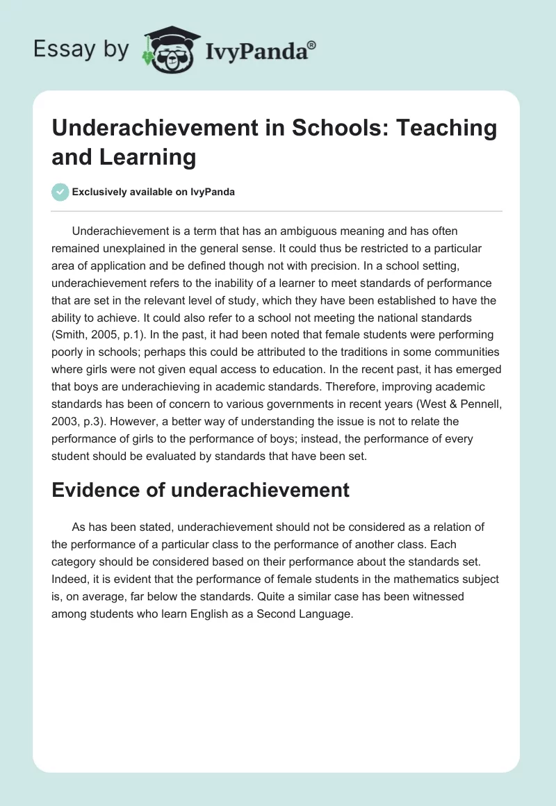 Underachievement in Schools: Teaching and Learning. Page 1