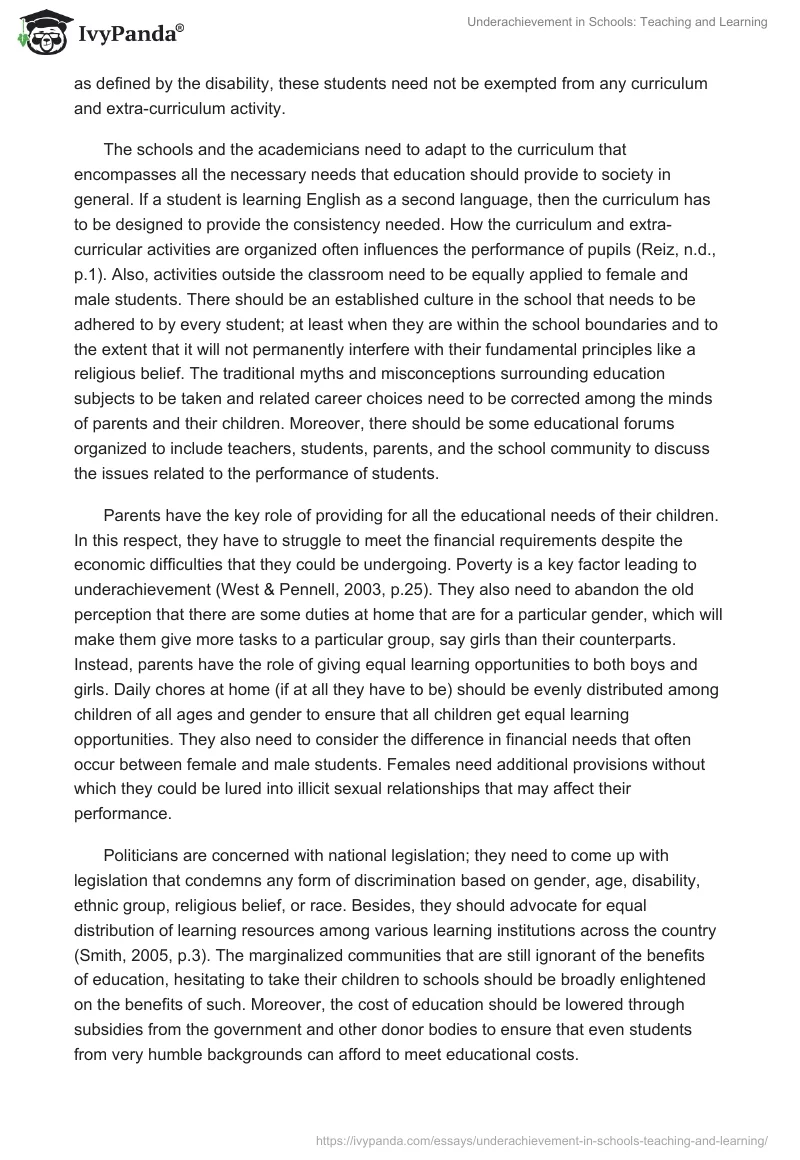 Underachievement in Schools: Teaching and Learning. Page 4
