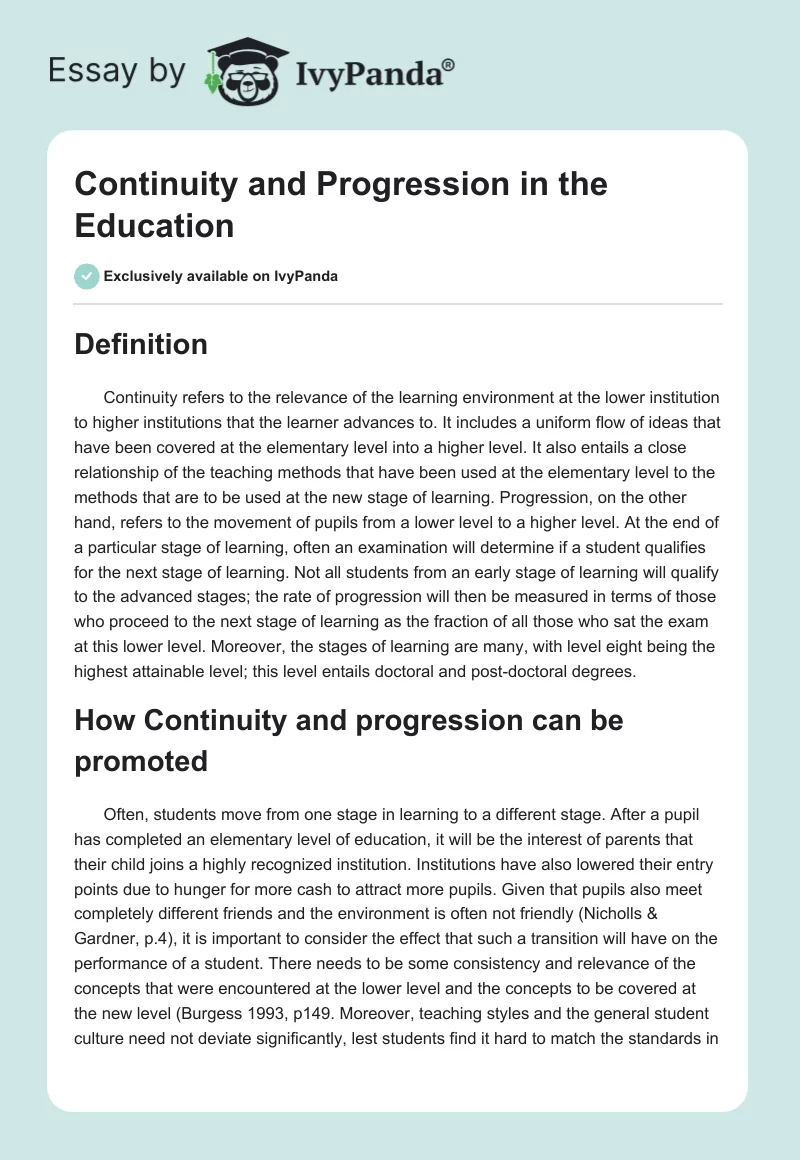 Continuity and Progression in the Education. Page 1