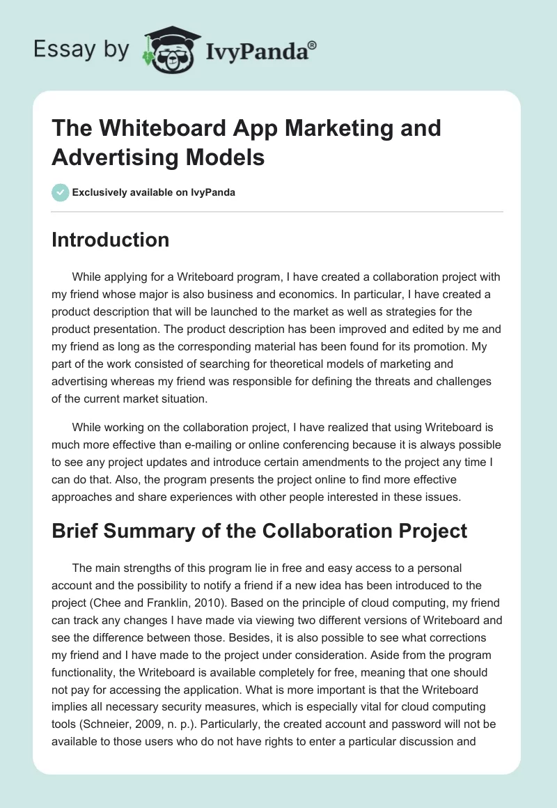 The Whiteboard App Marketing and Advertising Models. Page 1