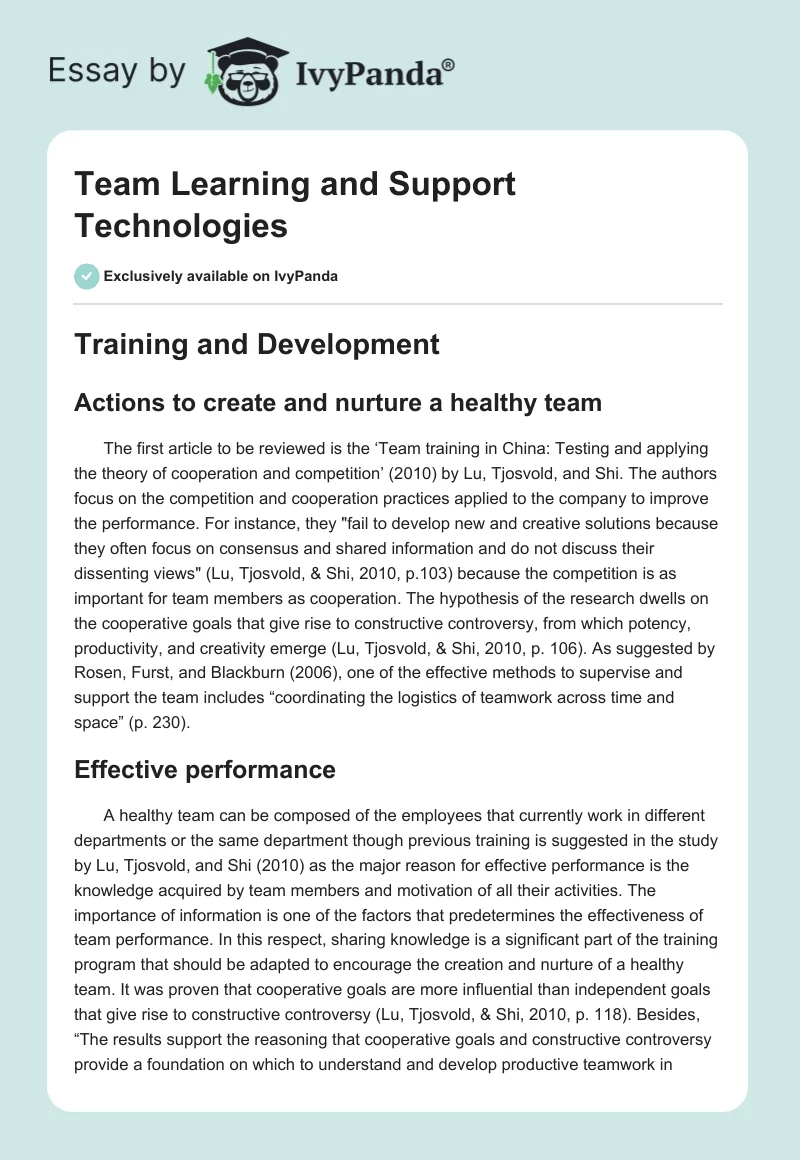 Team Learning and Support Technologies. Page 1