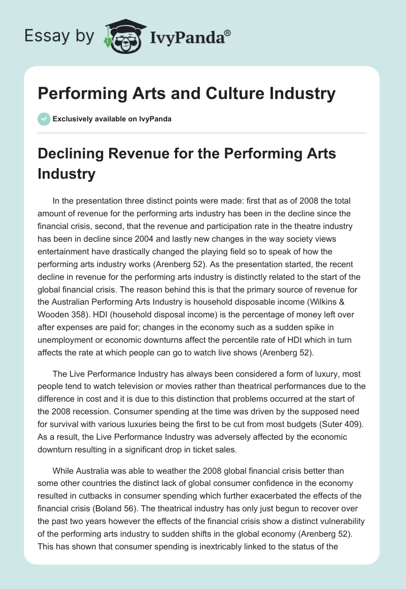 Performing Arts and Culture Industry. Page 1