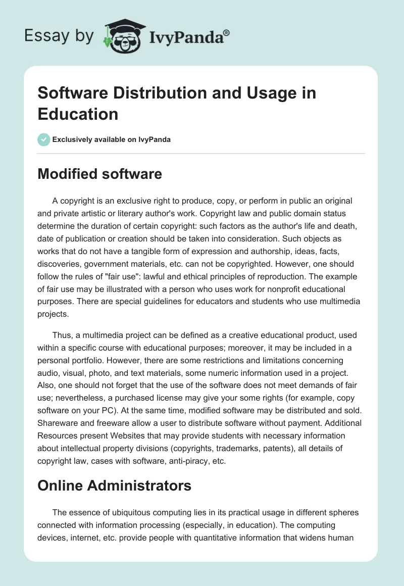 Software Distribution and Usage in Education. Page 1
