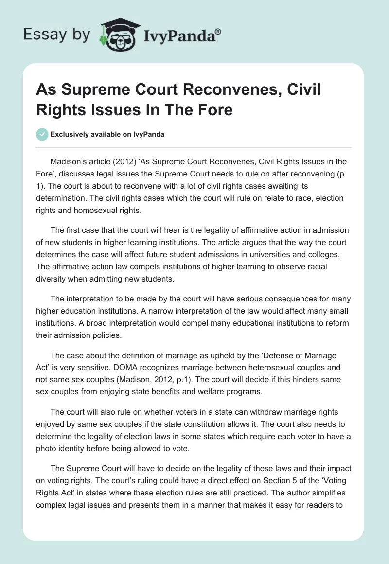 As Supreme Court Reconvenes, Civil Rights Issues in the Fore. Page 1