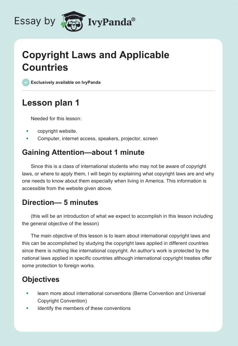 Copyright Laws and Applicable Countries. Page 1
