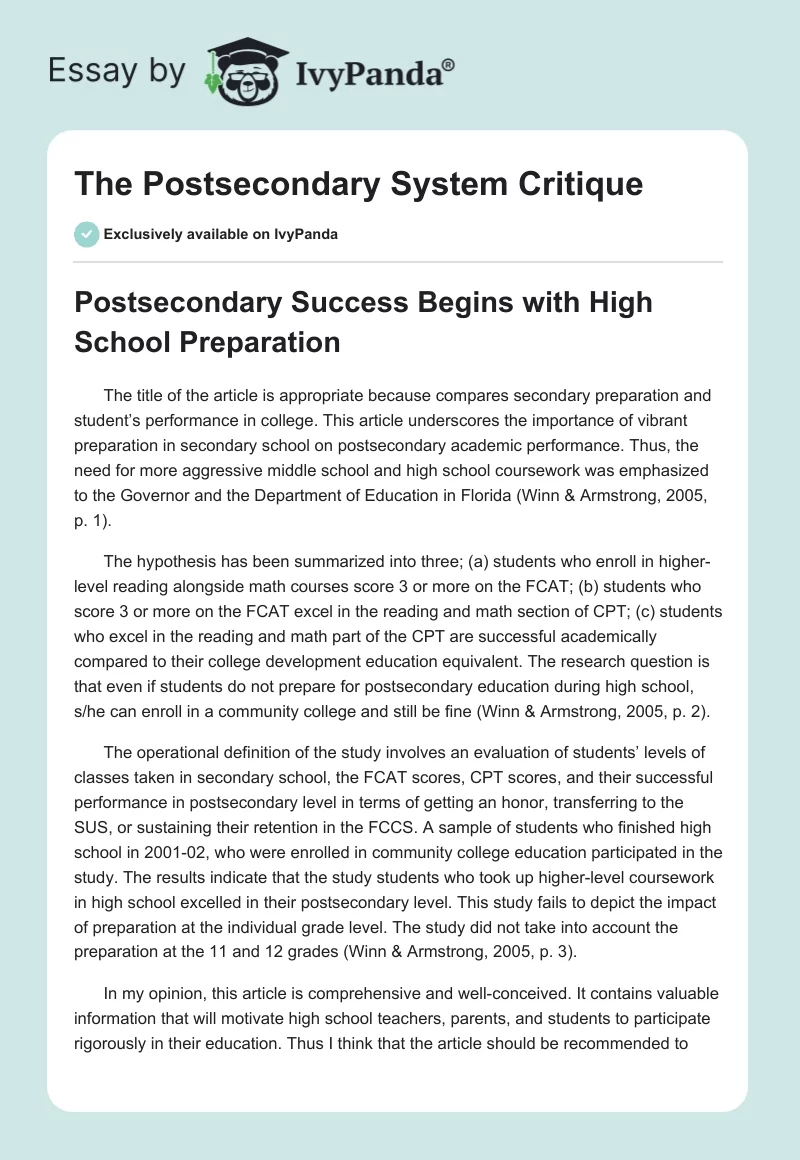The Postsecondary System Critique. Page 1