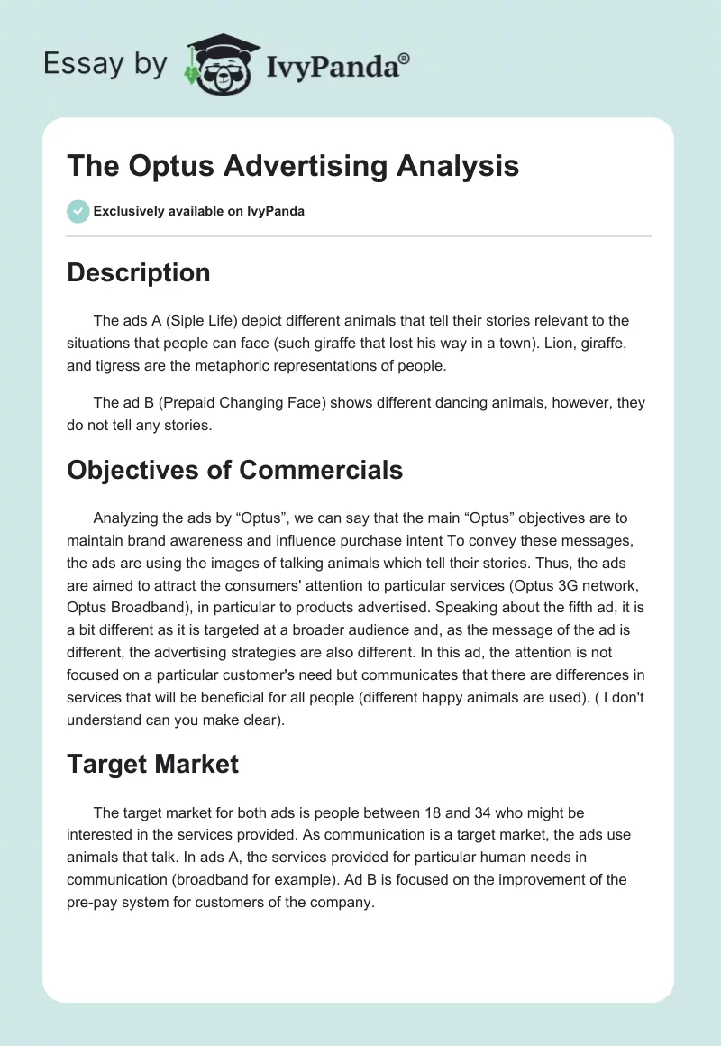 The "Optus" Advertising Analysis. Page 1