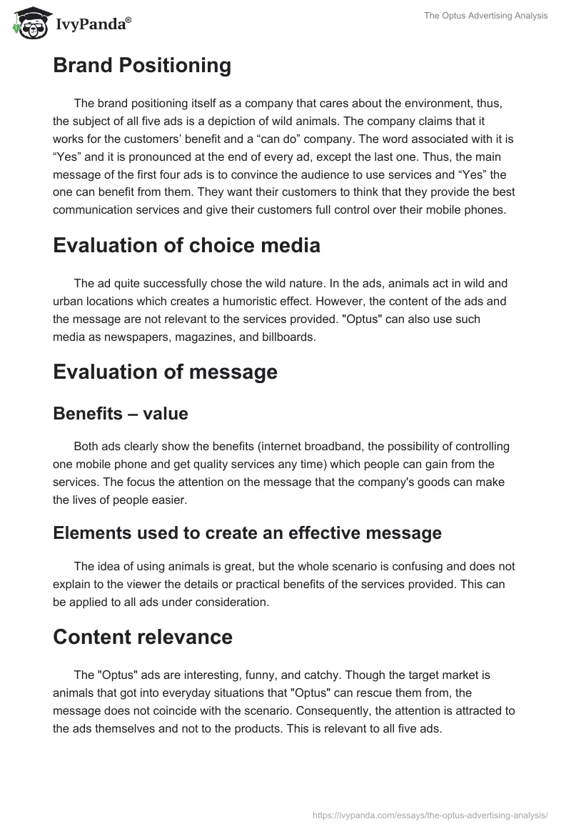 The "Optus" Advertising Analysis. Page 2