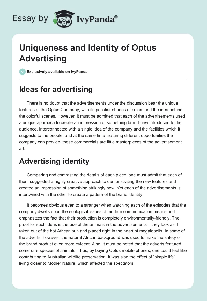 Uniqueness and Identity of Optus Advertising. Page 1