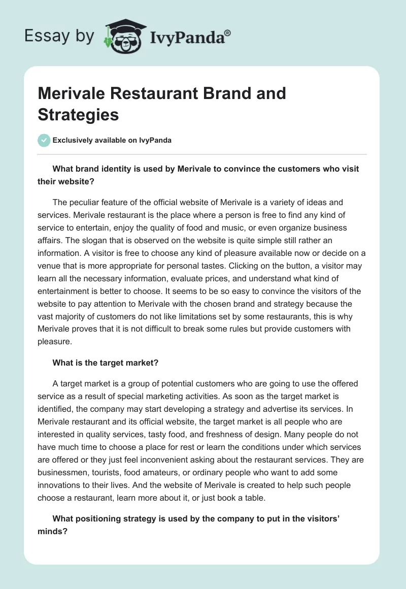 Merivale Restaurant Brand and Strategies. Page 1