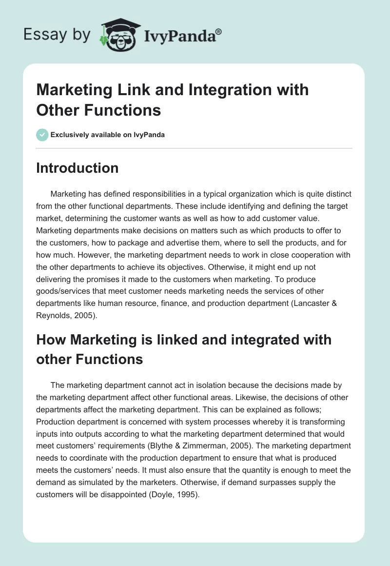 Marketing Link and Integration with Other Functions. Page 1