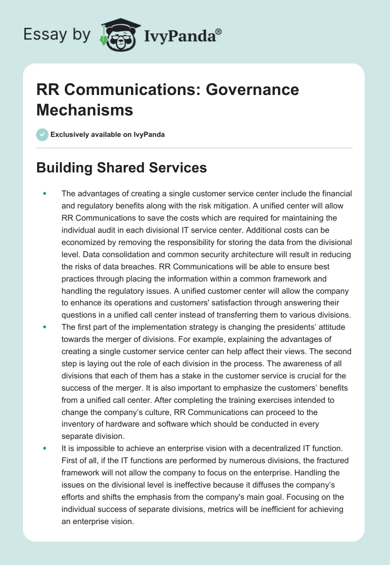 RR Communications: Governance Mechanisms. Page 1
