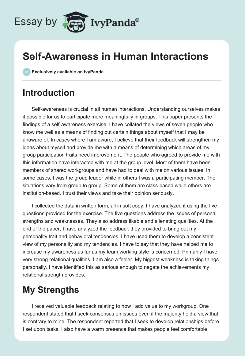 Self-Awareness in Human Interactions. Page 1