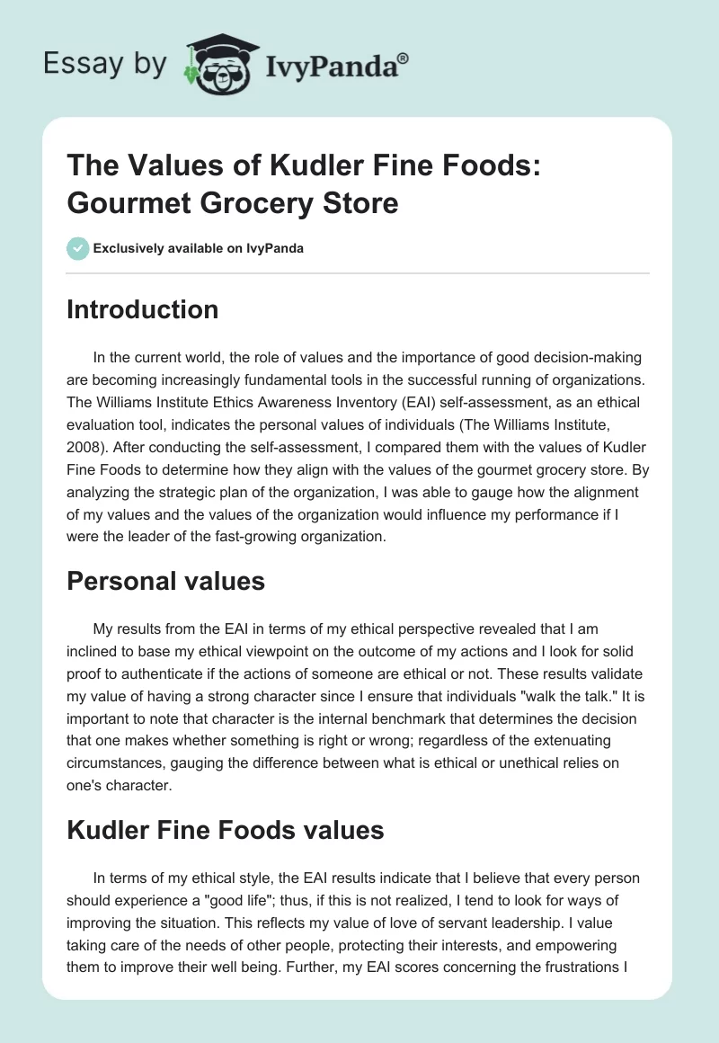 The Values of Kudler Fine Foods: Gourmet Grocery Store. Page 1