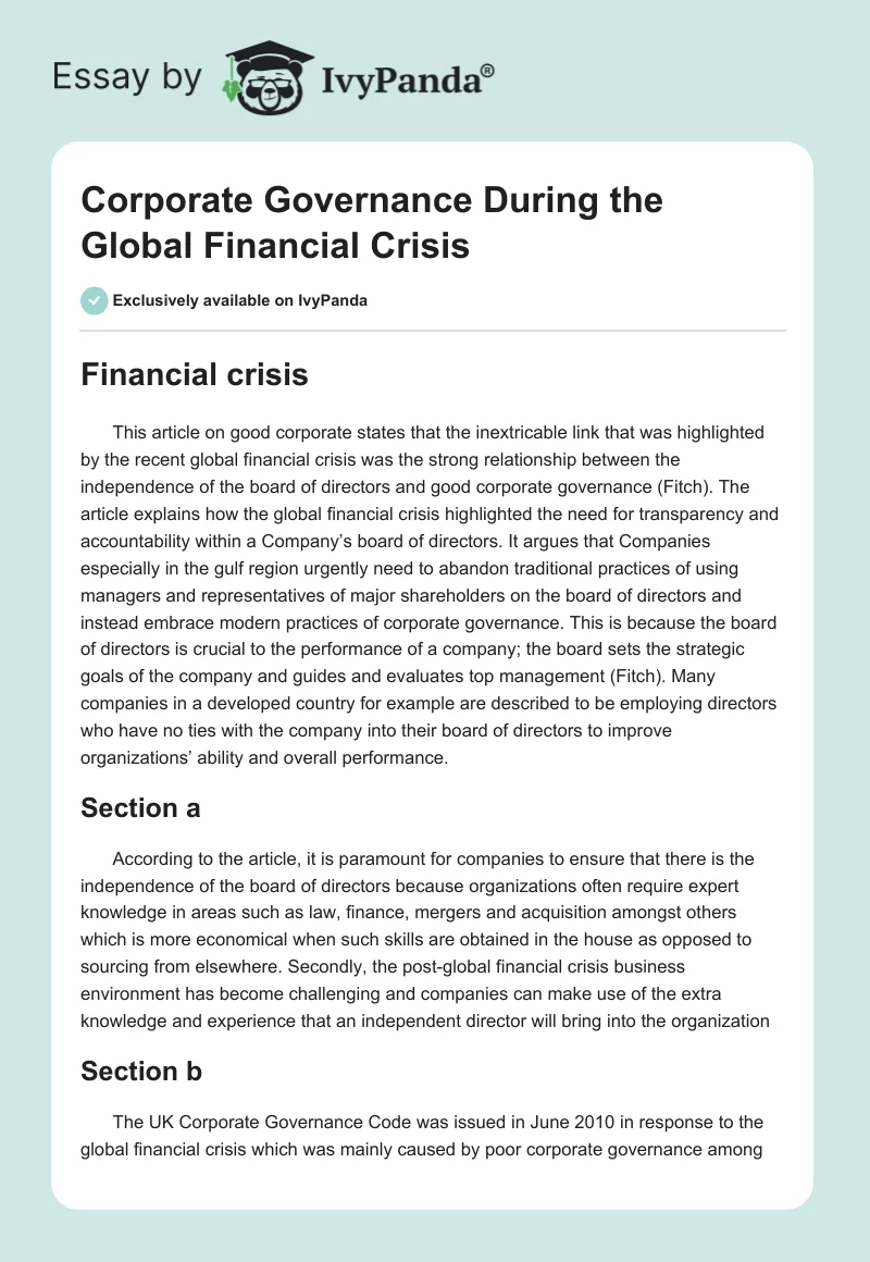 Corporate Governance During the Global Financial Crisis. Page 1