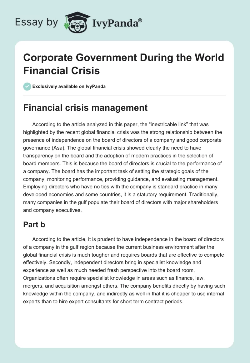 Corporate Government During the World Financial Crisis. Page 1