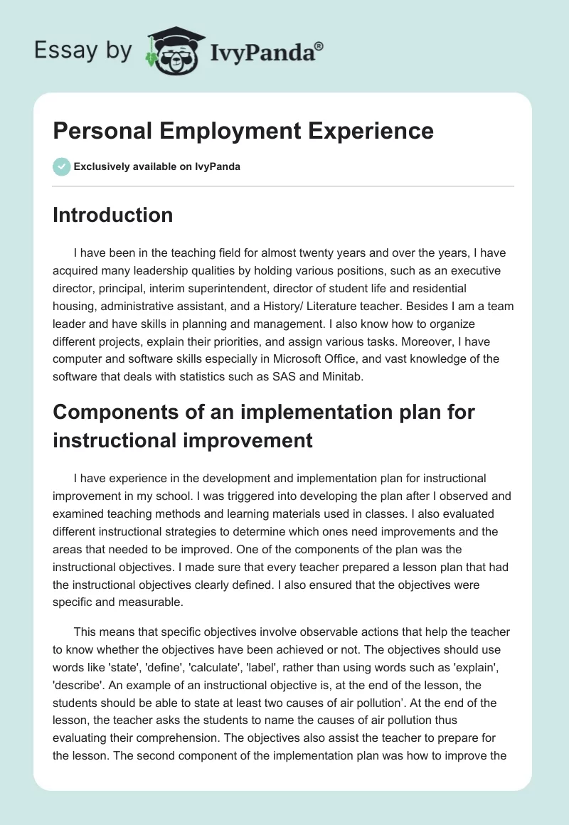 Personal Employment Experience. Page 1