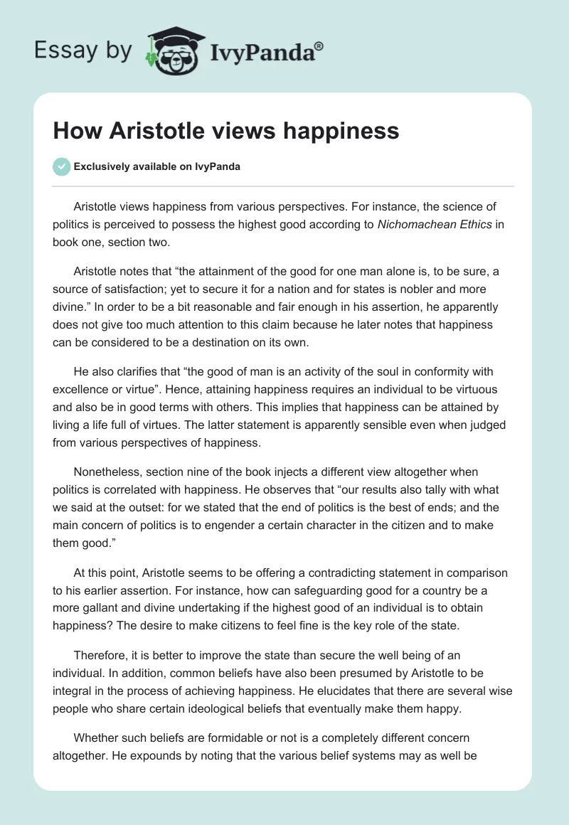 How Aristotle Views Happiness. Page 1
