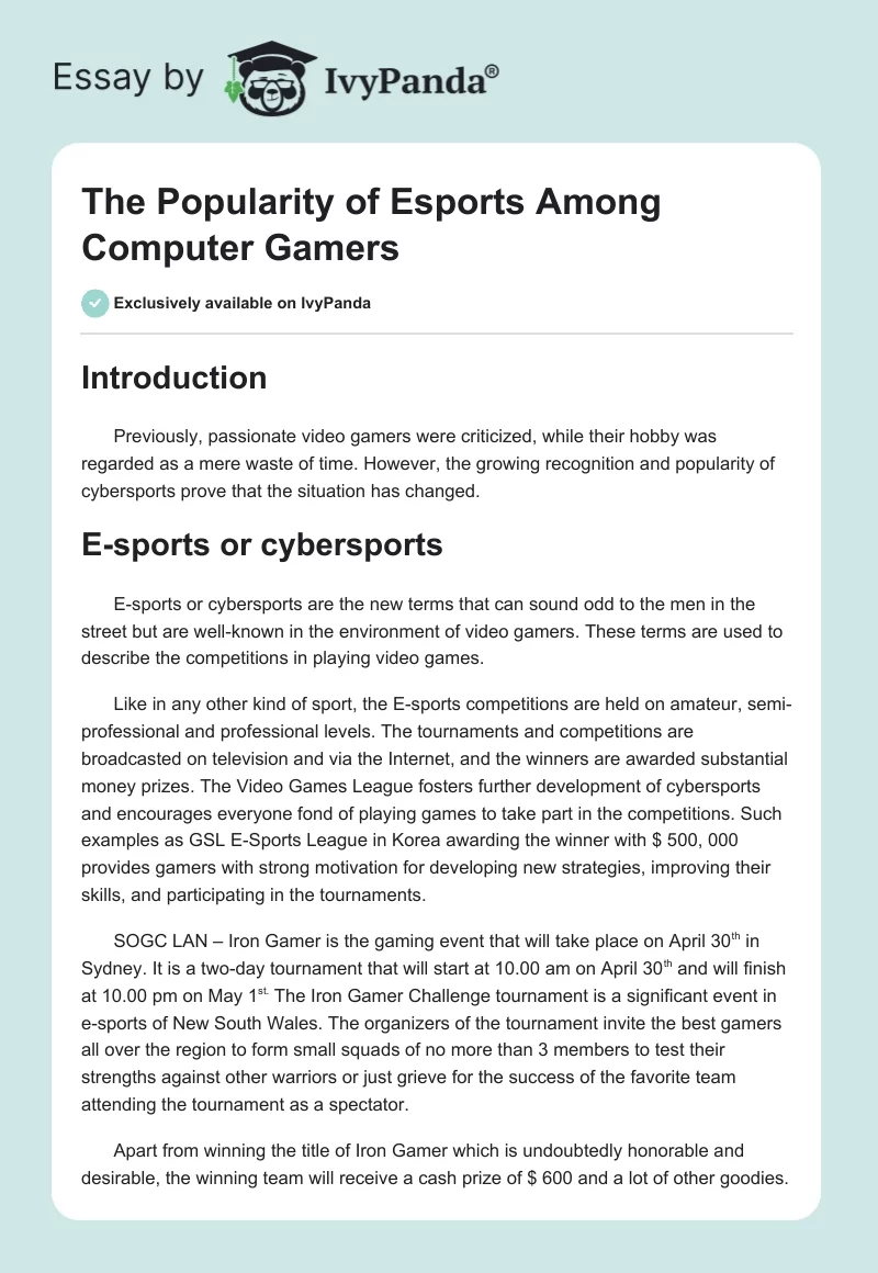 The Popularity of Esports Among Computer Gamers. Page 1